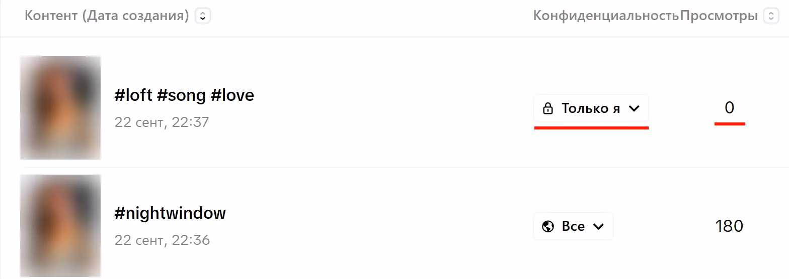 The “Posts” section in TikTok Studio: the video set to “Only you” has 0 views, the video set to “Everyone” has 180; the red lines mark the privacy setting and the view count (the TikTok interface in the screenshot is in Russian)