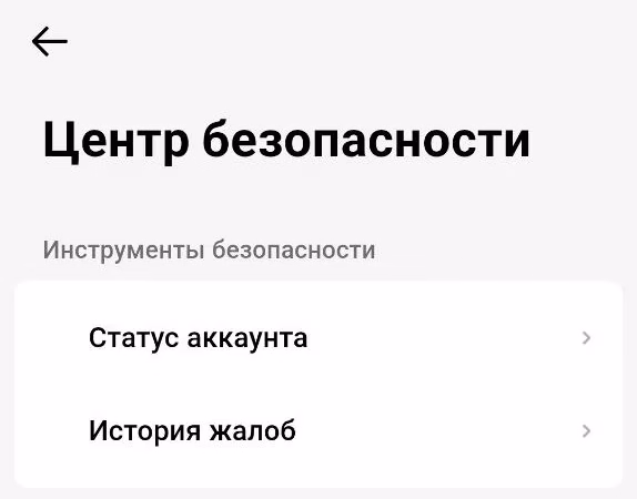 “Safety Center” in the TikTok app on our phone: the “Safety tools” block has only “Account status” and “Report history” (the TikTok interface in the screenshot is in Russian)