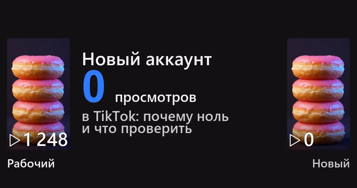 Тот же ролик на двух аккаунтах: у рабочего счётчик показывает 1 248, у нового ноль. Надписи «рабочий» и «новый», крупно «новый аккаунт» и «0 просмотров», серым «в TikTok: почему ноль и что проверить»