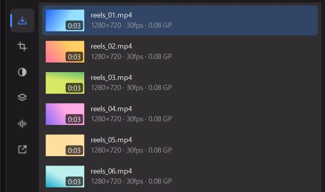 List of imported videos: six files, each with its resolution, frame rate and size in gigapixels under the name
