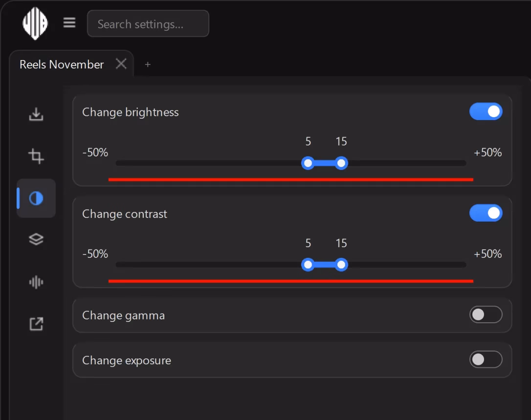 The “Change brightness” and “Change contrast” cards are on, each with its slider underlined at a range of 5-15% on a scale from -50% to +50%; the gamma and exposure cards next to them are off