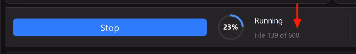 The launch bar during the run: the “Stop” button, the ring at 23%, the “Running” status and the “File 139 of 600” counter