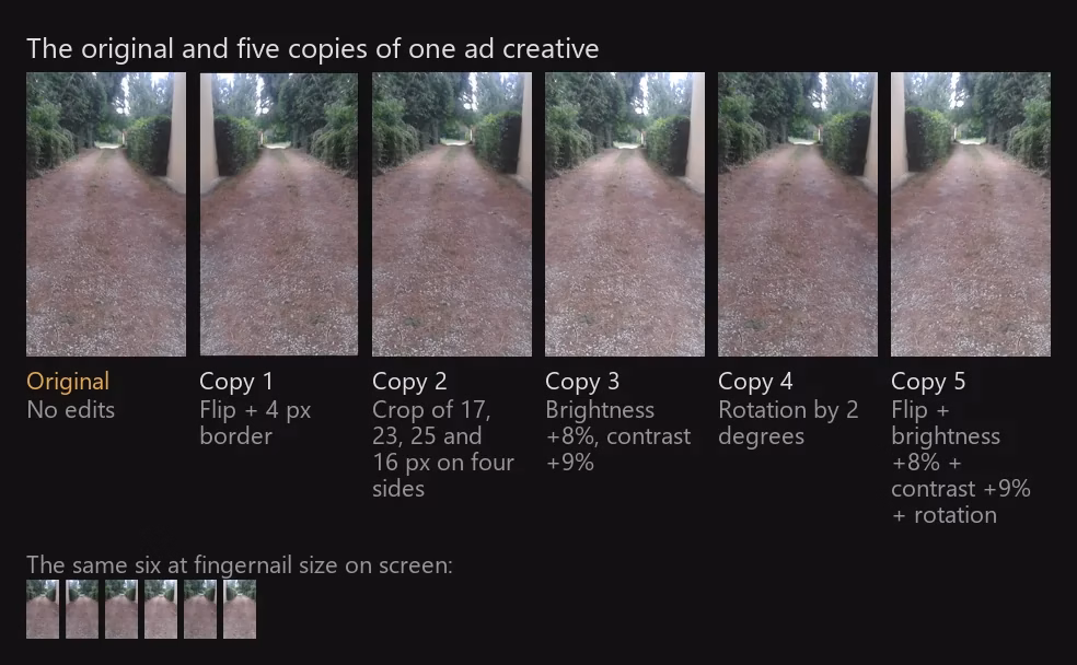 Top row: the original vertical video and five of its copies, large, each labeled with what it was made with: a flip with a 4 px border, cropping by 17, 23, 25 and 16 px on four sides, brightness plus 8% with contrast plus 9%, a 2-degree rotation, and a mix of flip, brightness, contrast and rotation. Bottom row: the same six frames in a row at fingernail size, which show two differences: in copies 1 and 5 the light pillar stands at the left edge instead of the right, and copies 3 and 5 are noticeably lighter than the rest