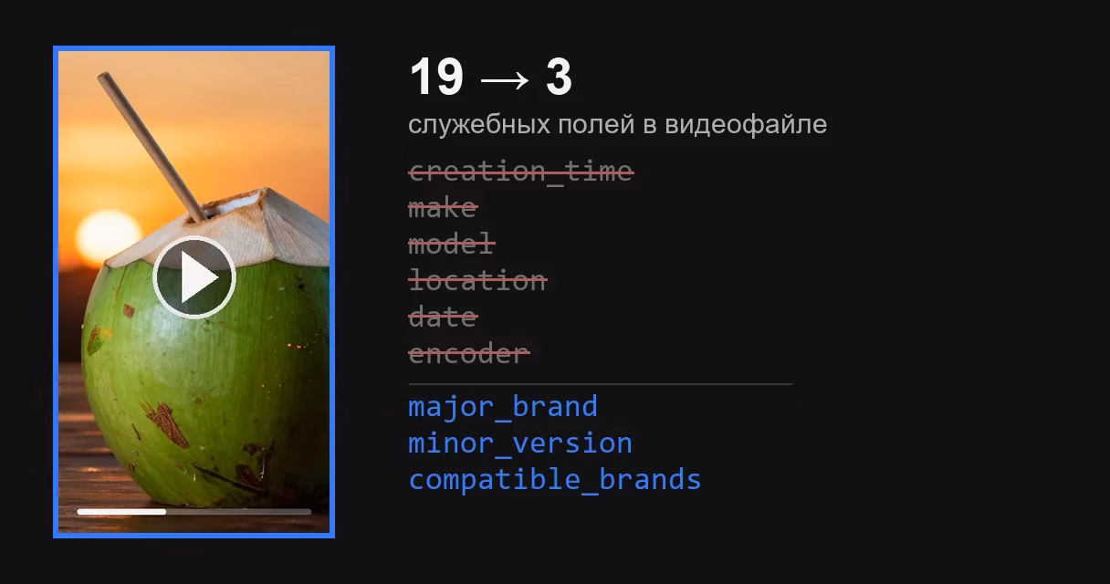 Кадр видеофайла и надпись «19 → 3 служебных полей в видеофайле»; рядом список, где марка, модель, дата съёмки и координаты перечёркнуты, а остаются три поля опознания контейнера