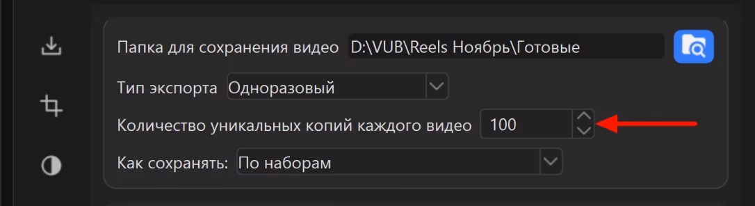 Поле «Количество уникальных копий каждого видео» со значением 100