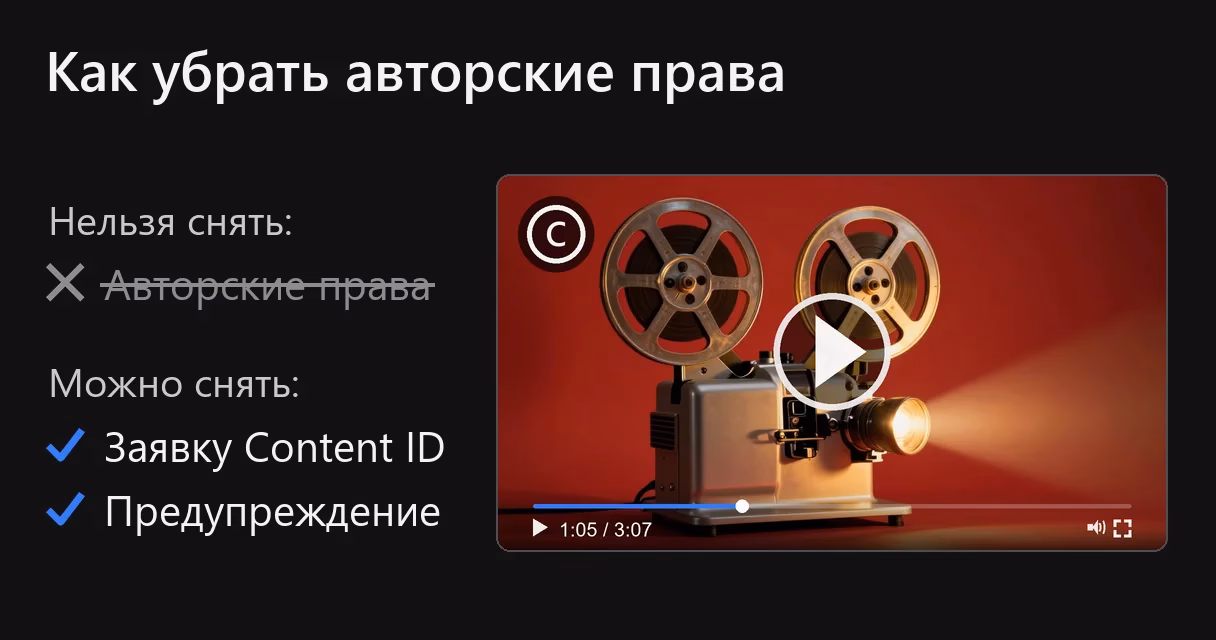 Обложка: что нельзя и что можно снять с чужого ролика. Нельзя снять авторские права, строка перечёркнута. Можно снять заявку Content ID и предупреждение, они отмечены галочками. Справа ролик со старым кинопроектором и значком авторского права