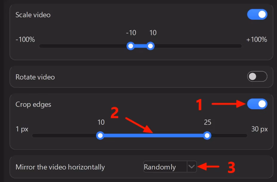 The “Geometry and framing” section: 1 - turn on edge cropping, 2 - set 10 to 25 px, 3 - mirroring in the “Randomly” mode. Scaling is already on