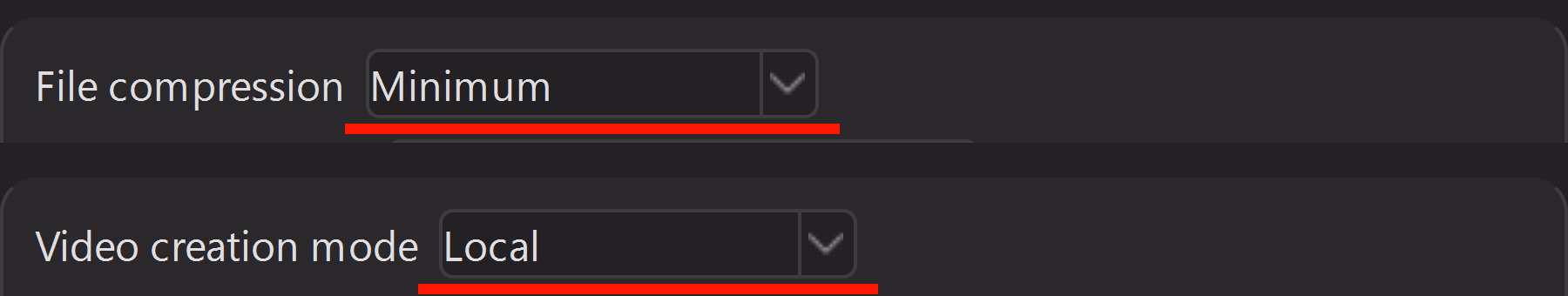 Two program settings from steps 3 and 4: “Minimum” is selected in the “File compression” list and “Local” in the “Video creation mode” list; both values are underlined in red