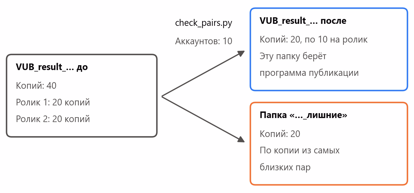 Что скрипт сделал с папкой: из 40 копий двух роликов 20 остались в папке `VUB_result_`, по 10 на ролик, остальные 20 ушли в соседнюю папку «_лишние»