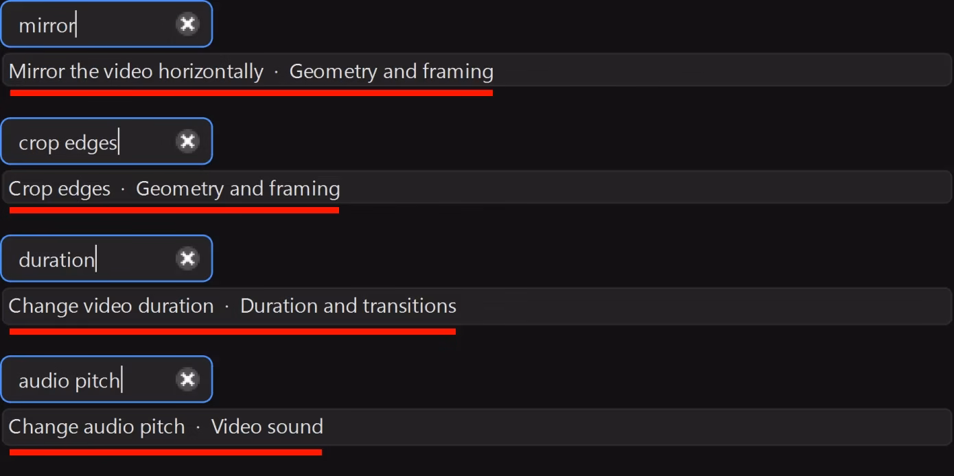 Where to find these edits in Video Unique Booster: type a word from the name into the “Search settings...” field at the top of the window, and the list shows each setting with its page next to it. “Mirror the video horizontally” and “Crop edges” are on the “Geometry and framing” page, “Change video duration” is on “Duration and transitions”, “Change audio pitch” is on “Video sound”. Click the row, and the program opens the page with the setting
